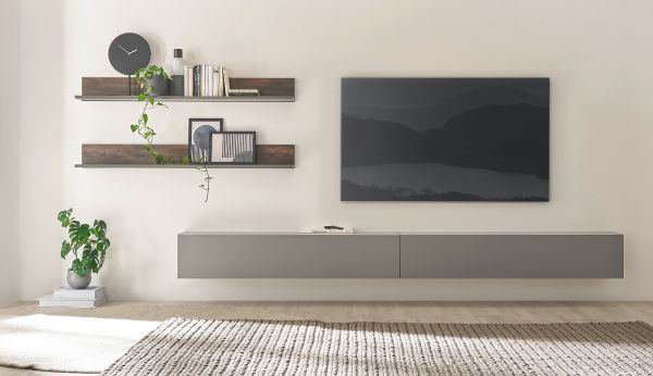 Wohnwand Piano in Thermo Eiche und grau Wohnkombination 4-teilig 380 x 170 cm