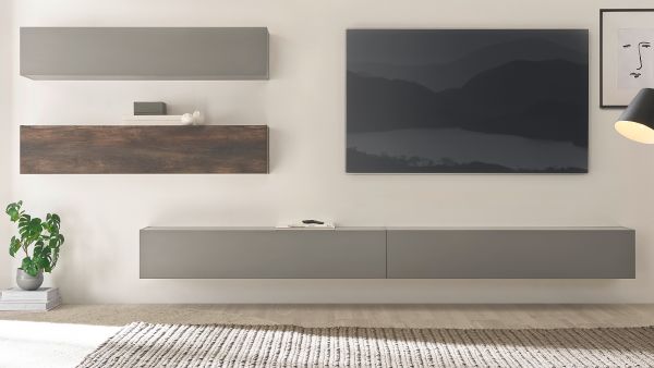 Wohnwand Piano in Thermo Eiche und grau Wohnkombination 4-teilig 380 x 200 cm