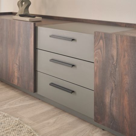 Wohnwand Piano in Thermo Eiche und grau Wohnkombination 3-teilig mit Soft-Close 300 x 200 cm
