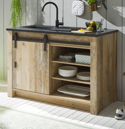 K�che Stove in Used Wood hell und anthrazit K�chenschrank Set 4-teilig 196 x 180 cm