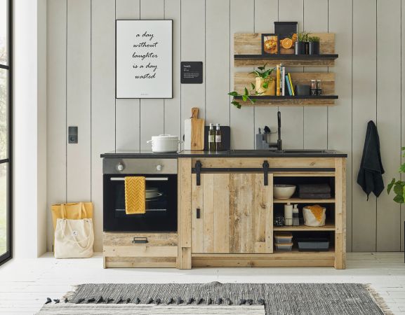 K�che Stove in Used Wood hell und anthrazit K�chenschrank Set 4-teilig 196 x 180 cm