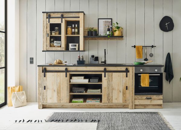 K�che Stove in Used Wood hell und anthrazit K�chenschrank Set 4-teilig 264 x 200 cm