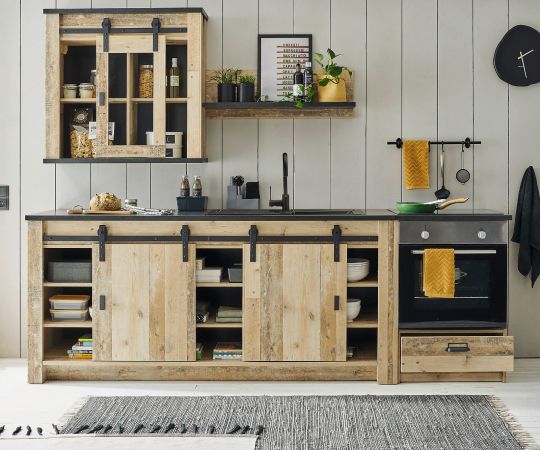 K�che Stove in Used Wood hell und anthrazit K�chenschrank Set 4-teilig 264 x 200 cm