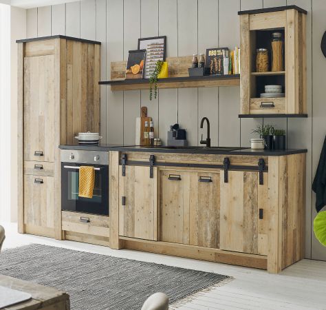 K�che Stove in Used Wood hell und anthrazit K�chenschrank Set 5-teilig 284 x 201 cm
