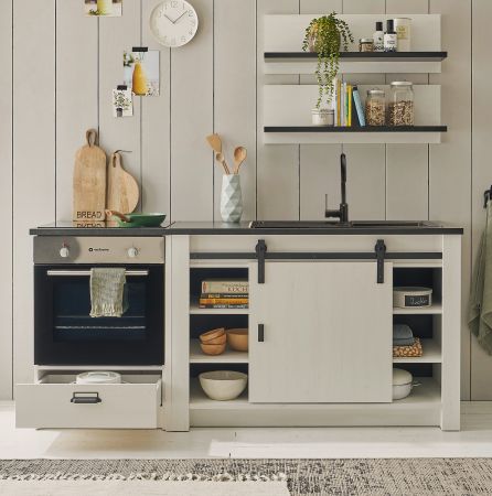 K�che Stove in wei� Pinie und anthrazit Landhaus K�chenschrank Set 4-teilig 196 x 180 cm