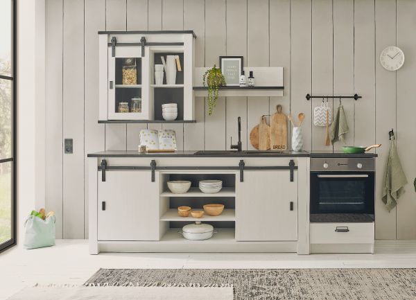 K�che Stove in wei� Pinie und anthrazit Landhaus K�chenschrank Set 4-teilig 264 x 200 cm