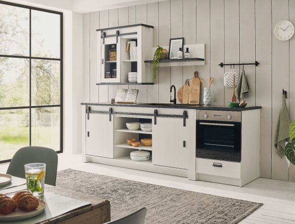 K�che Stove in wei� Pinie und anthrazit Landhaus K�chenschrank Set 4-teilig 264 x 200 cm