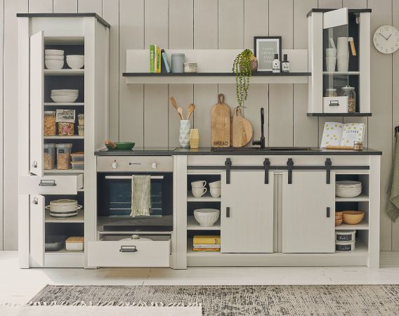 K�che Stove in wei� Pinie und anthrazit Landhaus K�chenschrank Set 5-teilig 284 x 201 cm