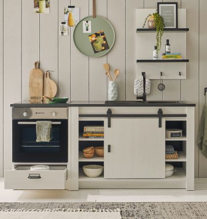 K�che Stove in wei� Pinie und anthrazit Landhaus K�chenschrank Set 3-teilig 196 x 180 cm