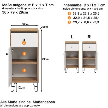Badezimmer Kommode Linea in wei� matt Lack und Artisan Eiche Badschrank 36 x 79 cm