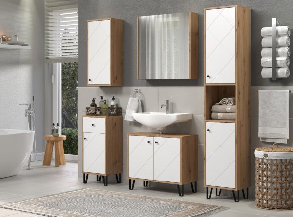 Badezimmer Kommode Linea in wei� matt Lack und Artisan Eiche Badschrank 36 x 79 cm
