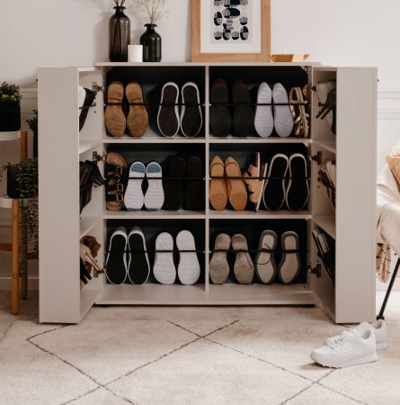 Schuhschrank Logu in Samt 100 x 110 cm, aufklappbar f�r 24 Paar Schuhe