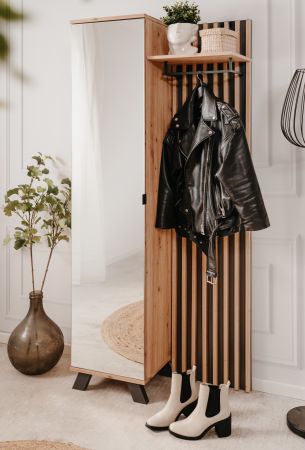 Kompaktgarderobe Madem in Artisan Eiche und Anthrazit mit 3D-Lamellen Garderobe mit Spiegel 80 x 190 cm
