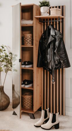 Kompaktgarderobe Madem in Artisan Eiche und Anthrazit mit 3D-Lamellen Garderobe mit Spiegel 80 x 190 cm