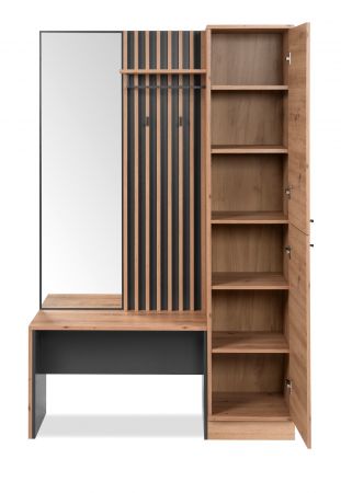Kompaktgarderobe Madem in Artisan Eiche und Anthrazit mit 3D-Lamellen Garderobe mit Spiegel 122 x 190 cm
