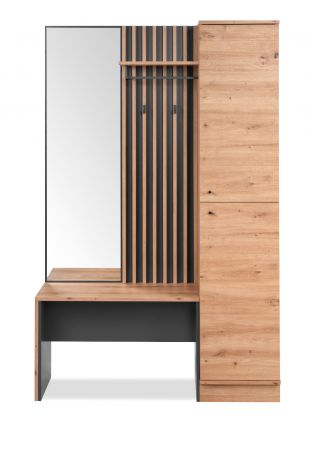 Kompaktgarderobe Madem in Artisan Eiche und Anthrazit mit 3D-Lamellen Garderobe mit Spiegel 122 x 190 cm