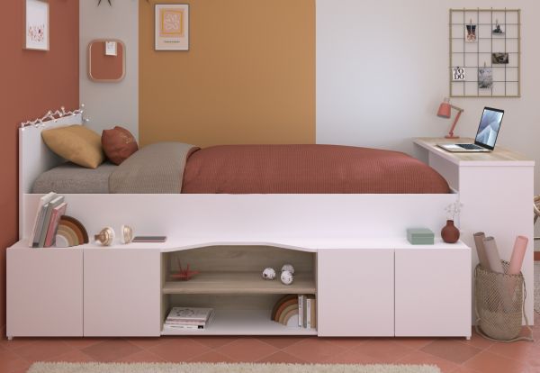 Parisot Hochbett Cleo1 in wei� und Eiche 90 x 200 mit Stauraum und Schreibtisch