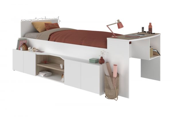 Parisot Hochbett Cleo1 in wei� und Eiche 90 x 200 mit Stauraum und Schreibtisch