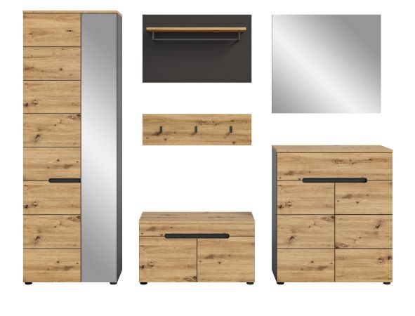 Garderobe Set 6-teilig Cooper in Artisan Eiche und grau 255 cm mit Soft-Close