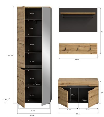 Garderobe Set 4-teilig Cooper in Artisan Eiche und grau Garderobenkombination 160 cm