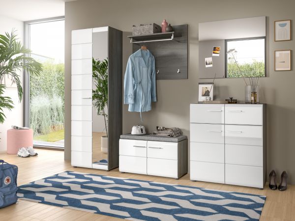Garderobe Sitzbank Rumba in wei� Hochglanz und Rauchsilber grau Garderobenbank 80 cm