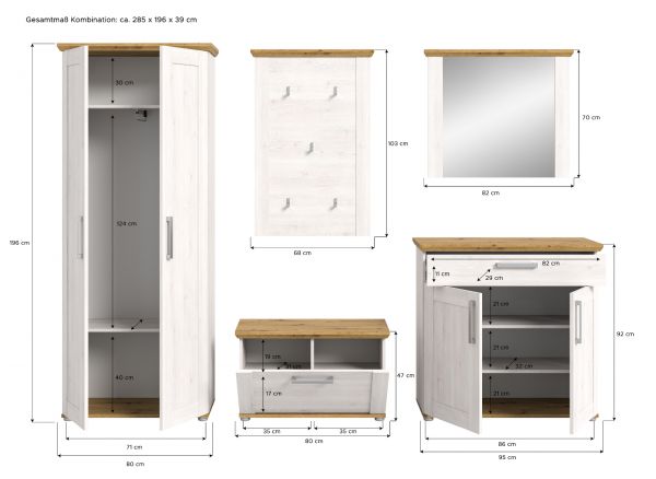 Garderobe Set 5-teilig Mirano in wei� L�rche und Eiche Artisan Landhaus Garderobenkombination 285 cm