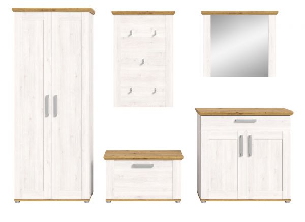 Garderobe Set 5-teilig Mirano in wei� L�rche und Eiche Artisan Landhaus Garderobenkombination 285 cm