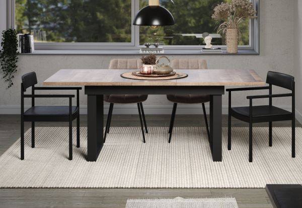 Esstisch Thorad in Tabak Eiche und Metall schwarz Industrial Look ausziehbar 160 - 200 cm
