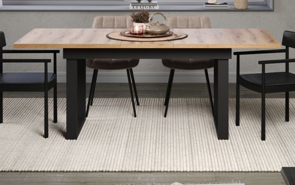 Esstisch Thorad in Evoke Eiche und Metall schwarz Industrial Look ausziehbar 160 - 200 cm