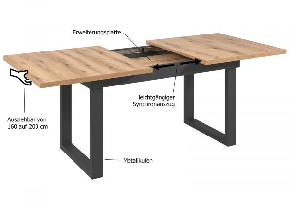 Esstisch Thorad in Evoke Eiche und Metall schwarz Industrial Look ausziehbar 160 - 200 cm