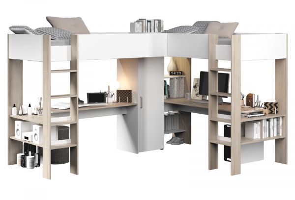 Parisot Hochbett Alex in wei� und Eiche Jugendzimmer mit 2x Bett Liegefl�che 90 x 200 cm