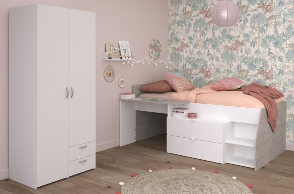 Parisot Kinder- und Jugendzimmer Milky14 in wei� und grau, Stauraumbett und Kleiderschrank