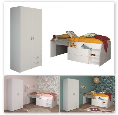 Parisot Kinder- und Jugendzimmer Milky14 in wei� und grau, Stauraumbett und Kleiderschrank