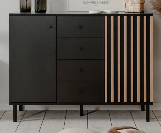 Kommode Biella in Schwarz und Artisan Eiche, Sideboard 118 x 90 cm, Anti Fingerprint
