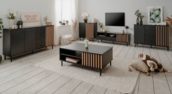 Kommode Biella in schwarz und Artisan Eiche, Sideboard 80 x 90 cm Anti Fingerprint beschichtet