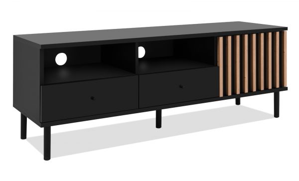 TV-Lowboard Biella in schwarz mit Lamellen in Artisan Eiche Dekor 138 cm, Anti Fingerprint beschichtet