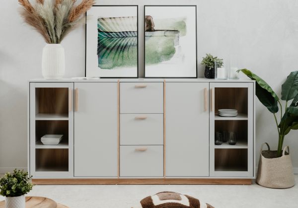 Sideboard Hanno in grau und Hickory Walnuss Kommode 204 x 94 cm