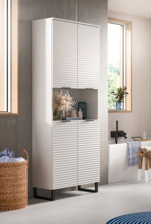 Badezimmer Hochschrank Roove in wei� mit 3D-Wellenstruktur Badschrank, Soft-Close-Funktion