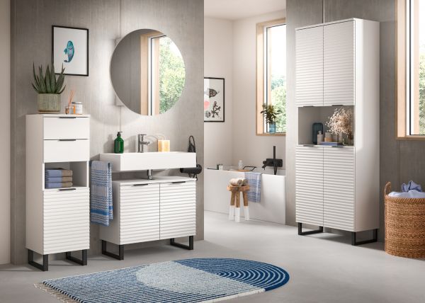 Badezimmer Hochschrank Roove in wei� mit 3D-Wellenstruktur Badschrank, Soft-Close-Funktion