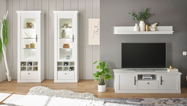 Vitrine Fiastra in wei� Pinie Landhaus Vitrinenschrank 70 x 201 cm, Soft-Close-Funktion