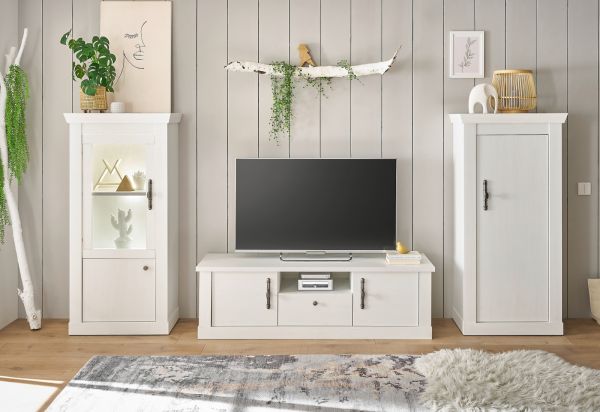 Vitrine Fiastra in wei� Pinie Landhaus Vitrinenschrank 70 x 146 cm, Soft-Close-Funktion