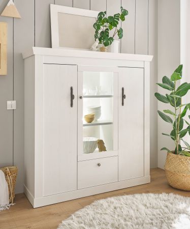 Highboard Fiastra in wei� Pinie Landhaus Vitrine 140 x 146 cm, Soft-Close-Funktion