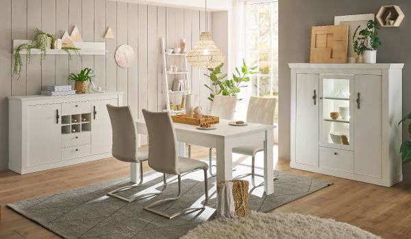 Highboard Fiastra in wei� Pinie Landhaus Vitrine 140 x 146 cm, Soft-Close-Funktion
