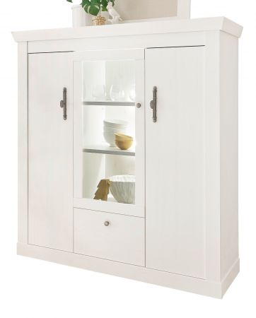 Highboard Fiastra in wei� Pinie Landhaus Vitrine 140 x 146 cm, Soft-Close-Funktion