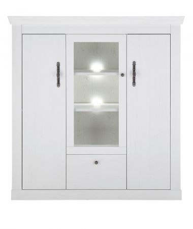 Highboard Fiastra in wei� Pinie Landhaus Vitrine 140 x 146 cm, Soft-Close-Funktion