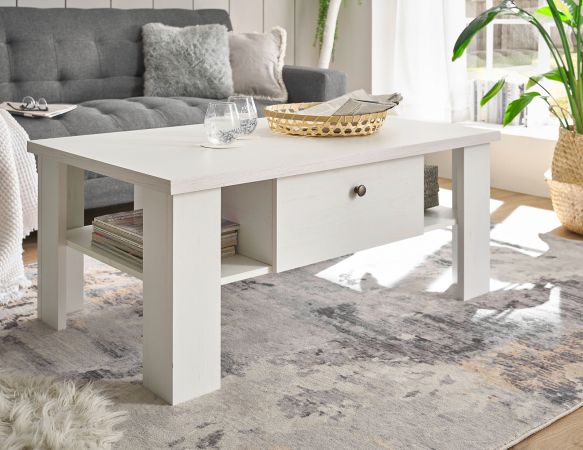 Couchtisch Fiastra in wei� Pinie Landhaus Beistelltisch 107 x 67 cm, Soft-Close-Funktion