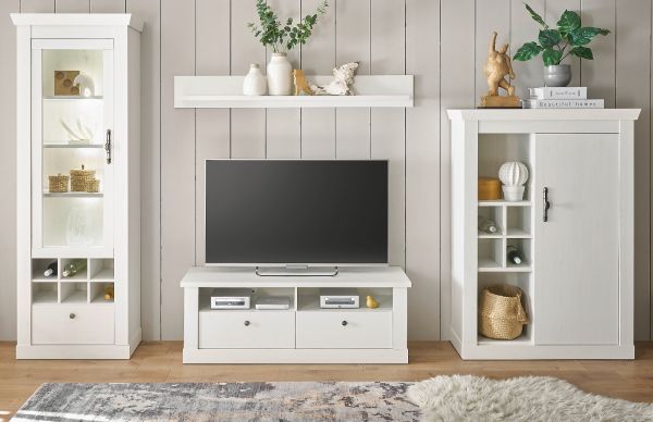 Wohnwand Fiastra in wei� Pinie Landhaus Wohnkombination 4-teilig, Soft-Close-Funktion