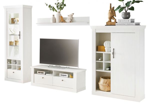 Wohnwand Fiastra in wei� Pinie Landhaus Wohnkombination 4-teilig, Soft-Close-Funktion