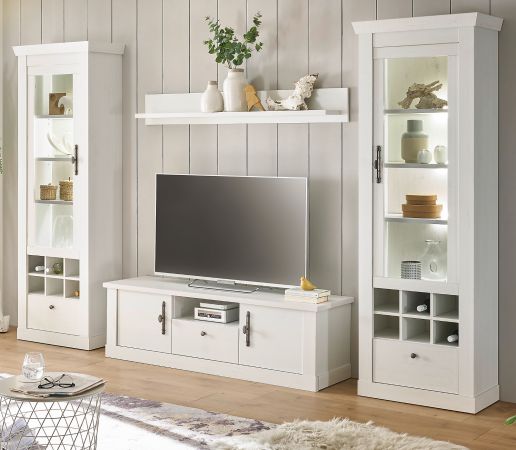 Wohnwand Fiastra in wei� Pinie Landhaus Wohnkombination 4-teilig, Soft-Close-Funktion