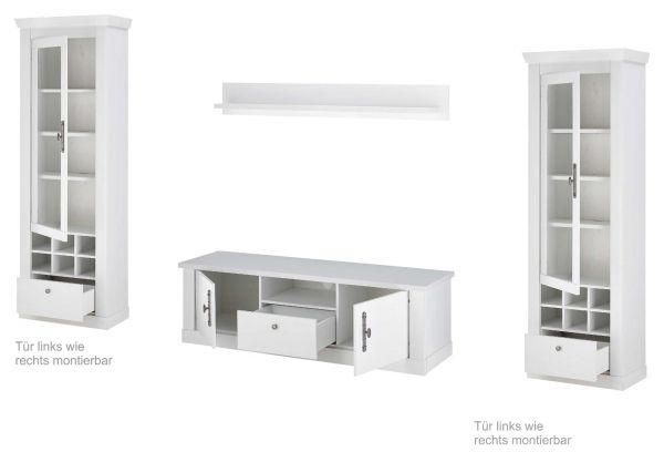 Wohnwand Fiastra in wei� Pinie Landhaus Wohnkombination 4-teilig, Soft-Close-Funktion